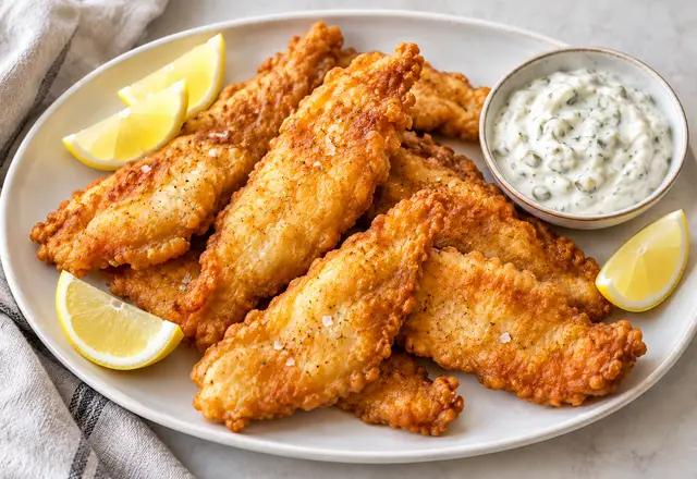 Golden beer battered ocean perch fillets with lemon wedges and a small dish of tartar sauce