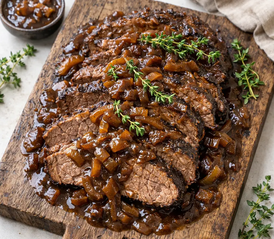 sliced beef brisket in rich onion and red wine sauce