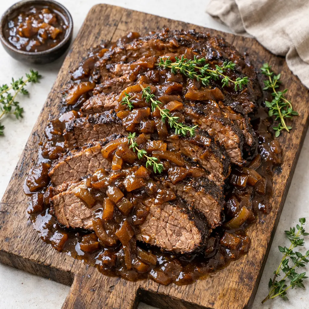 sliced beef brisket in rich onion and red wine sauce