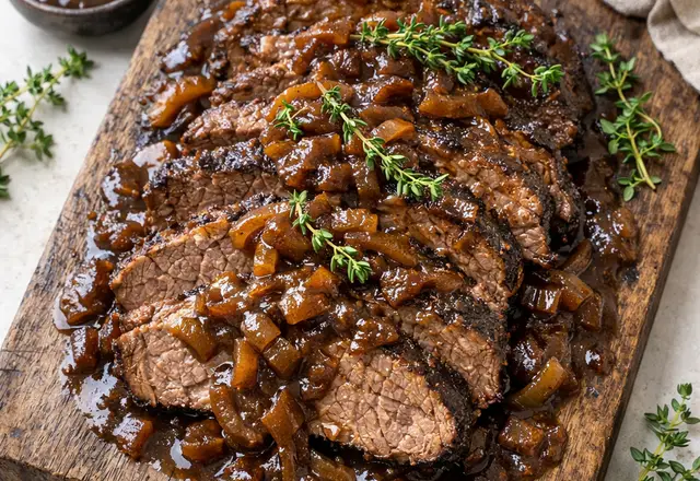 sliced beef brisket in rich onion and red wine sauce