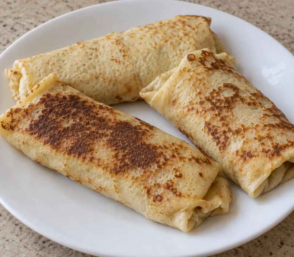 Three thin folded cheese blintzes with varied browning and slightly uneven tucked ends on a plain white plate
