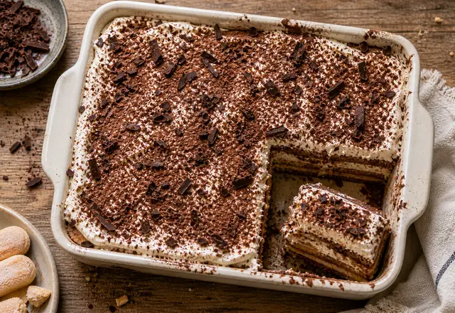 Chocolate mousse cake layered with soft ladyfingers and topped with whipped cream and chocolate shavings
