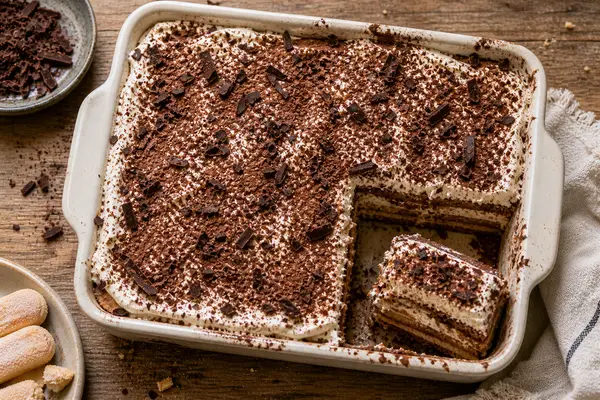 Chocolate mousse cake layered with soft ladyfingers and topped with whipped cream and chocolate shavings