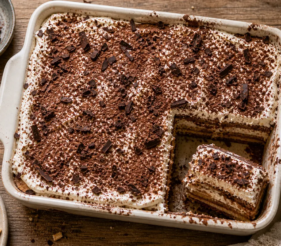 Chocolate mousse cake layered with soft ladyfingers and topped with whipped cream and chocolate shavings