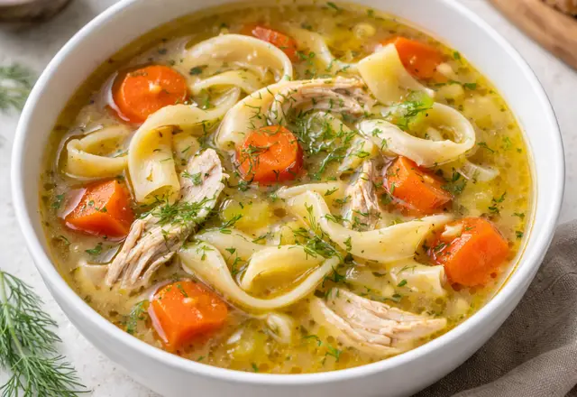 golden chicken soup in a bowl with vegetables