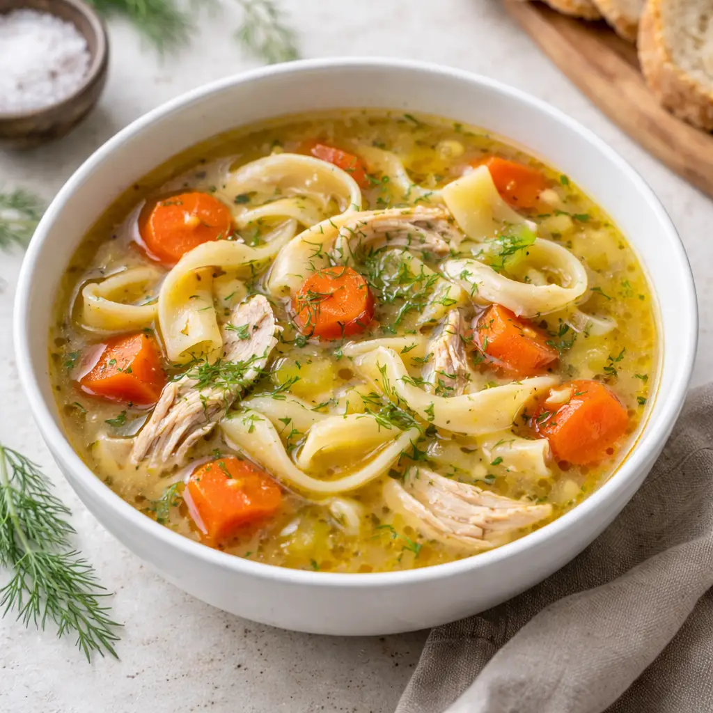 golden chicken soup in a bowl with vegetables
