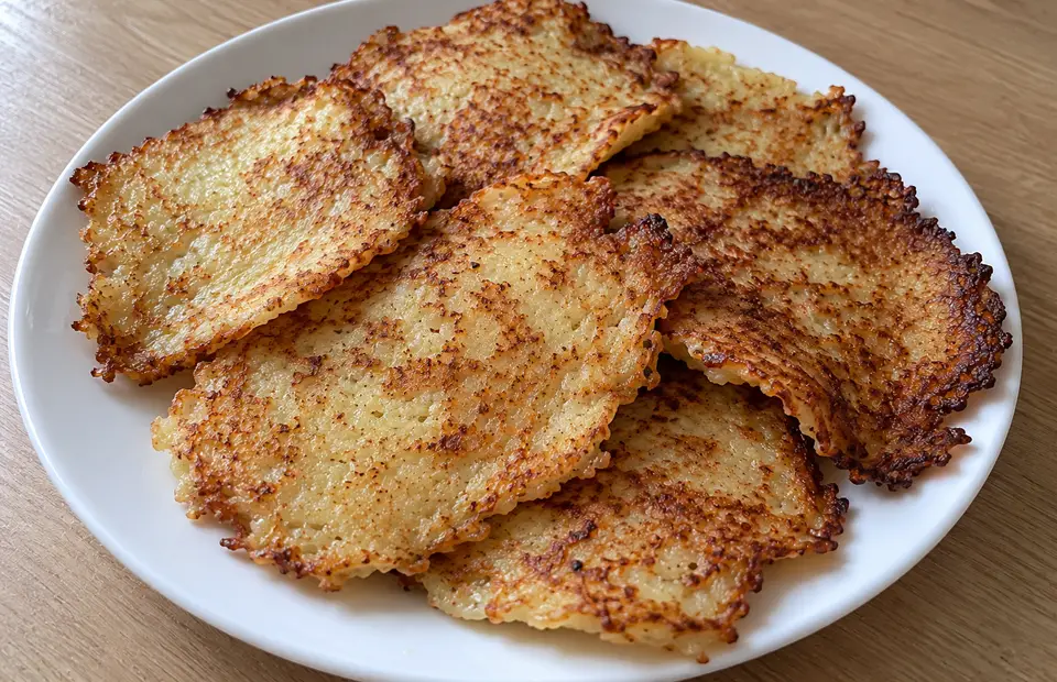 Thin irregular potato latkes with uneven golden-brown surfaces, casually overlapping on a white plate