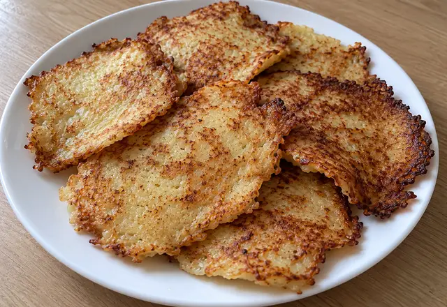 Thin irregular potato latkes with uneven golden-brown surfaces, casually overlapping on a white plate