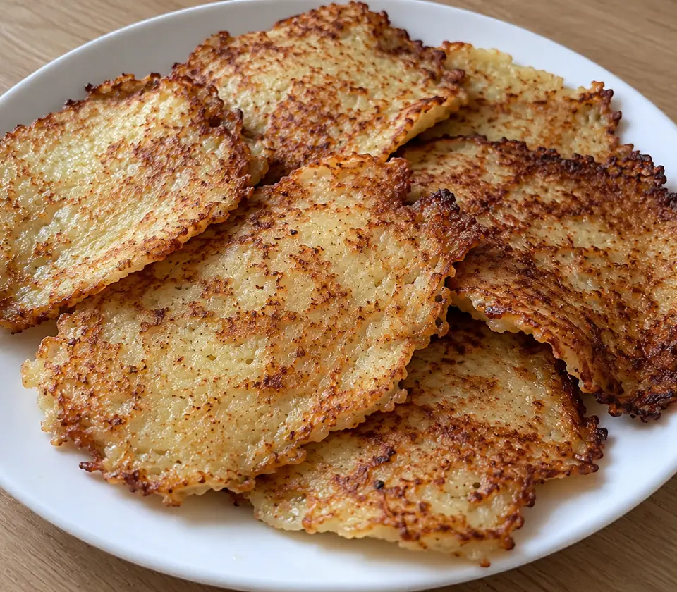 Thin irregular potato latkes with uneven golden-brown surfaces, casually overlapping on a white plate