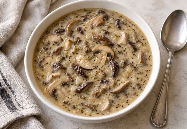 Creamy mushroom soup with visible sliced mushrooms and flecks of thyme in a white bowl
