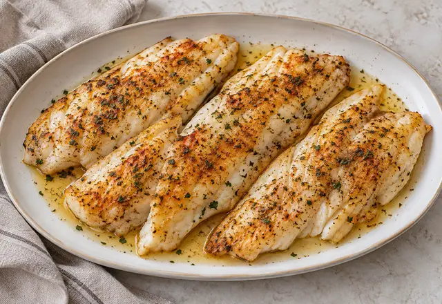 Baked ocean perch fillets with paprika and dried parsley in lemon and olive oil juices