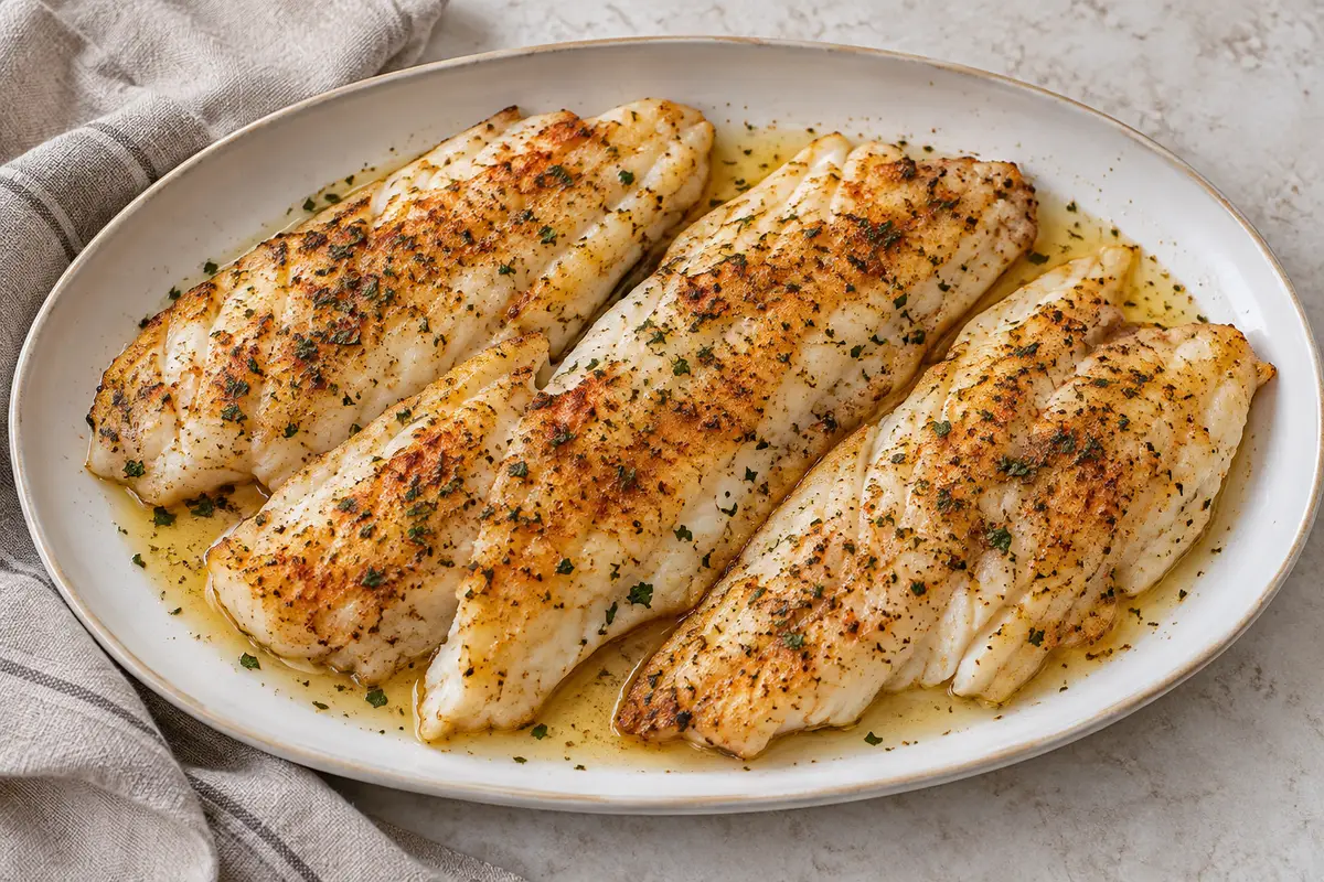 Baked ocean perch fillets with paprika and dried parsley in lemon and olive oil juices