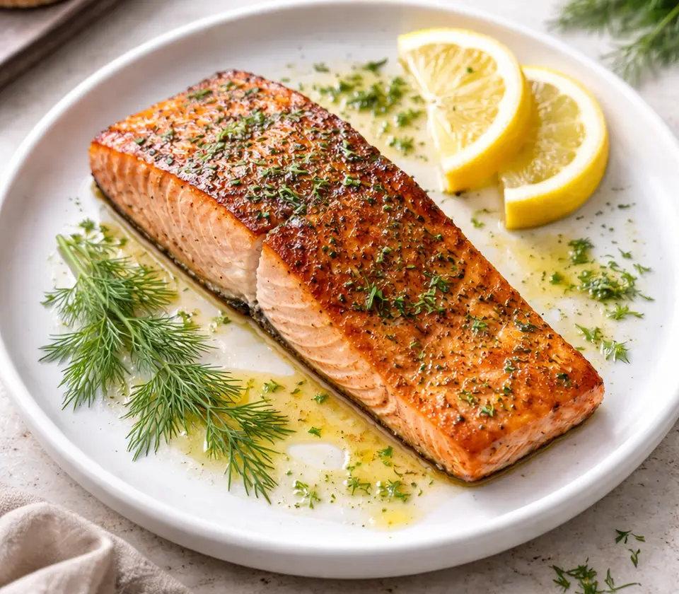 pan-seared salmon fillet with crispy golden crust