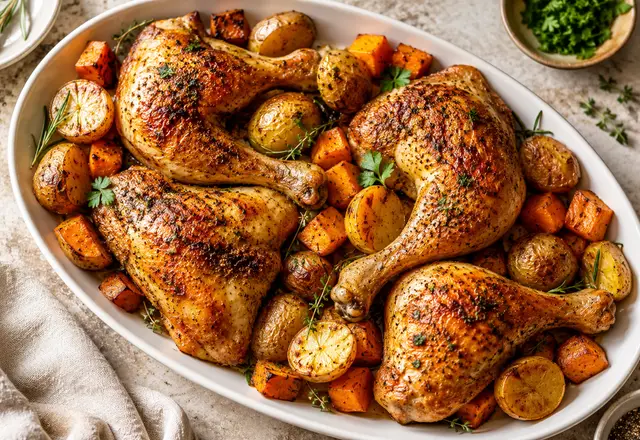 Oven roasted chicken quarters with crispy browned skin on a platter