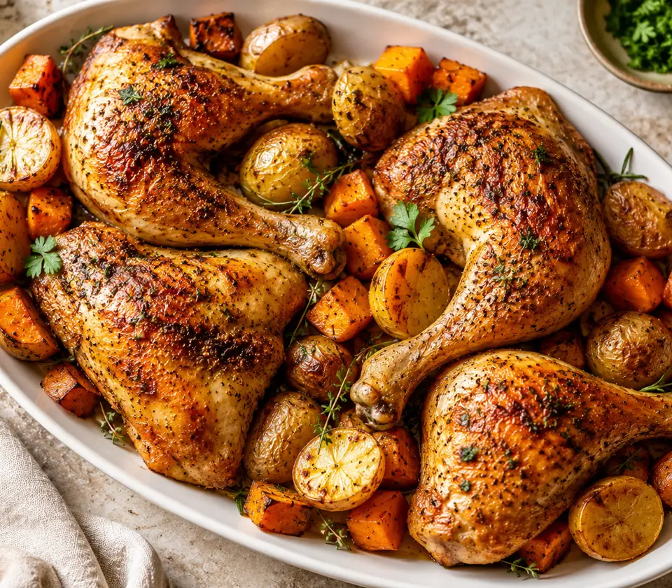 Oven roasted chicken quarters with crispy browned skin on a platter