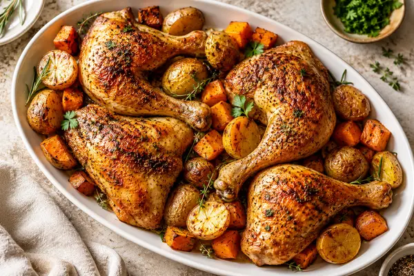 Oven roasted chicken quarters with crispy browned skin on a platter
