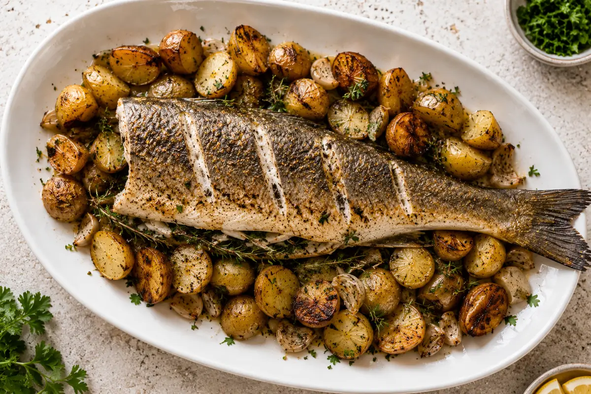 Oven roasted whole branzino with lemon slices and herbs