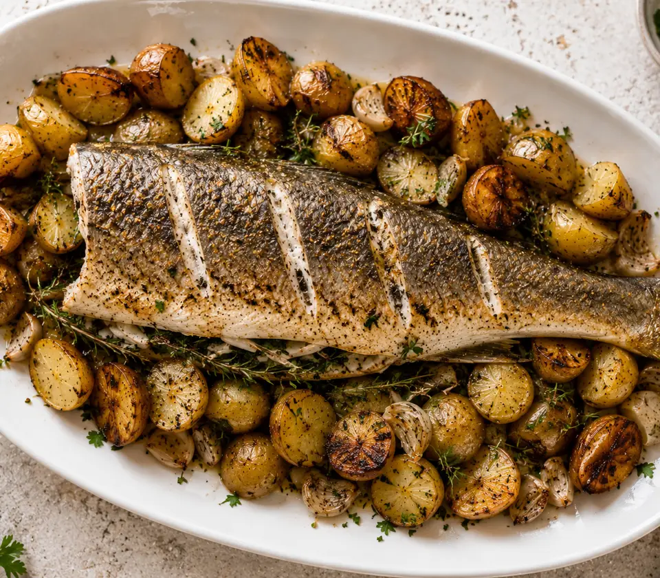 Oven roasted whole branzino with lemon slices and herbs