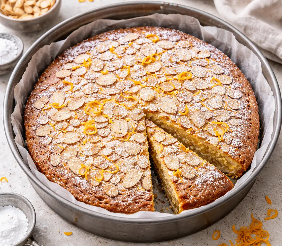 golden almond cake dusted with powdered sugar