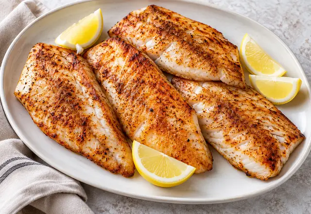 Pellet grilled ocean perch fillets with smoked paprika and lemon wedges on a white platter