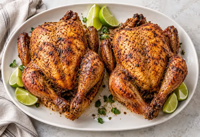 Two whole Peruvian-style roasted chickens with browned seasoned skin on a white platter beside lime wedges