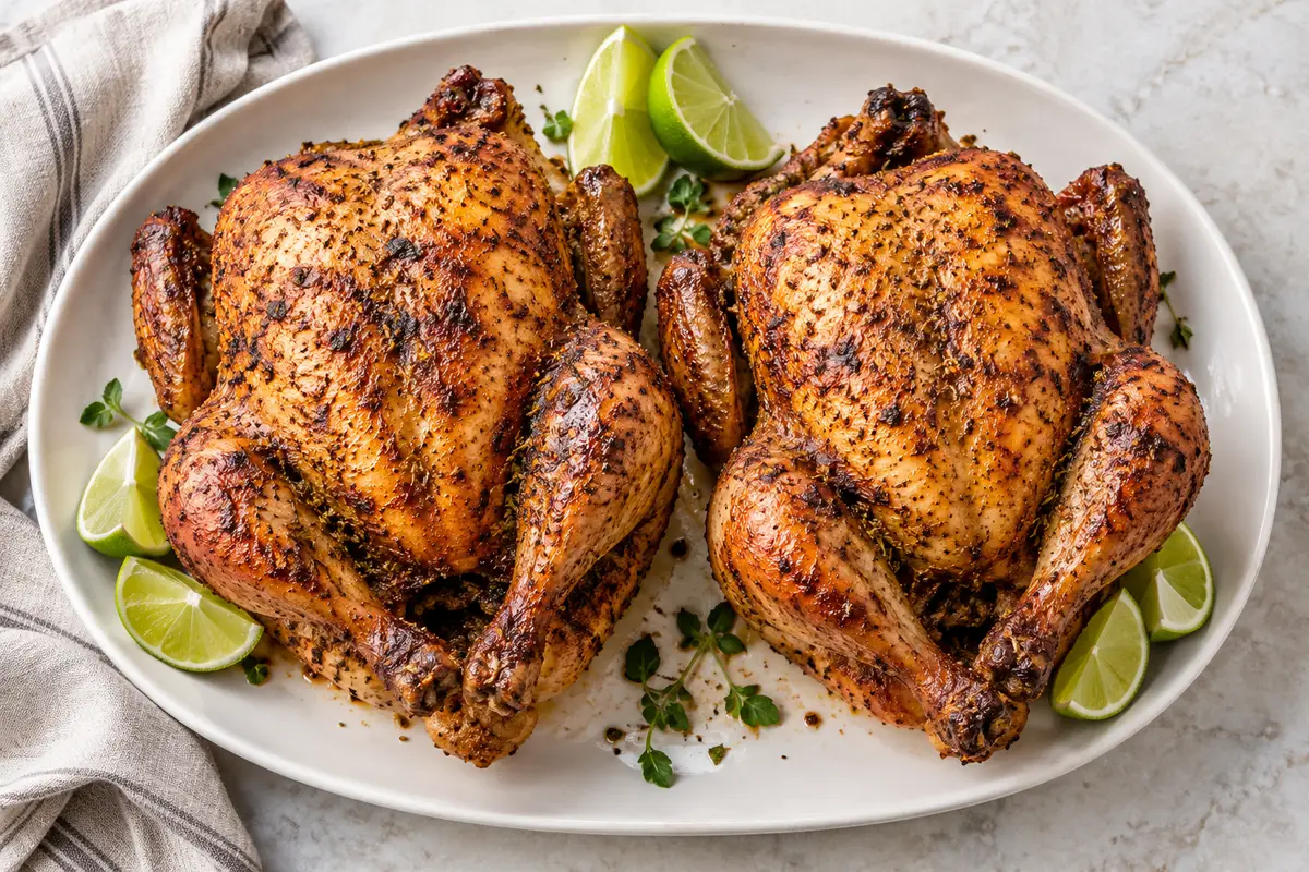 Two whole Peruvian-style roasted chickens with browned seasoned skin on a white platter beside lime wedges