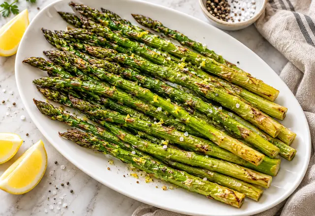 Roasted asparagus spears with browned tips on a white platter beside a lemon wedge