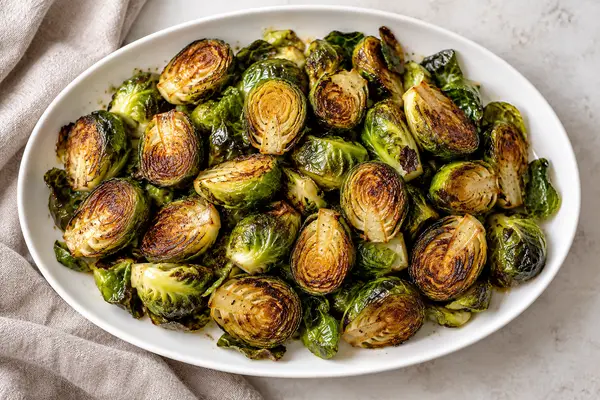 Halved roasted Brussels sprouts with browned cut faces and crisp leaves on a white platter