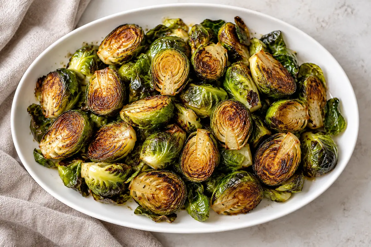 Halved roasted Brussels sprouts with browned cut faces and crisp leaves on a white platter
