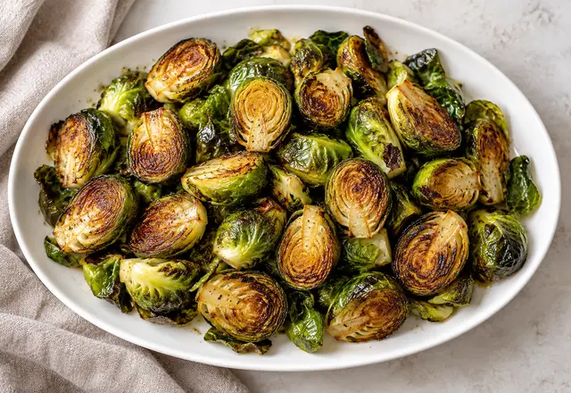 Halved roasted Brussels sprouts with browned cut faces and crisp leaves on a white platter