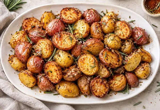 Roasted baby red and Yukon Gold potatoes with browned cut sides and rosemary on a white platter
