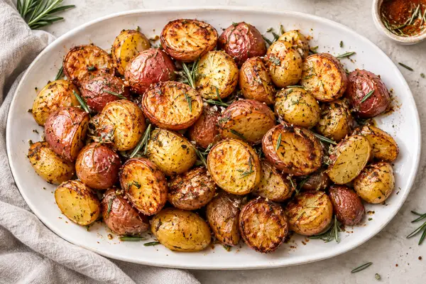 Roasted baby red and Yukon Gold potatoes with browned cut sides and rosemary on a white platter
