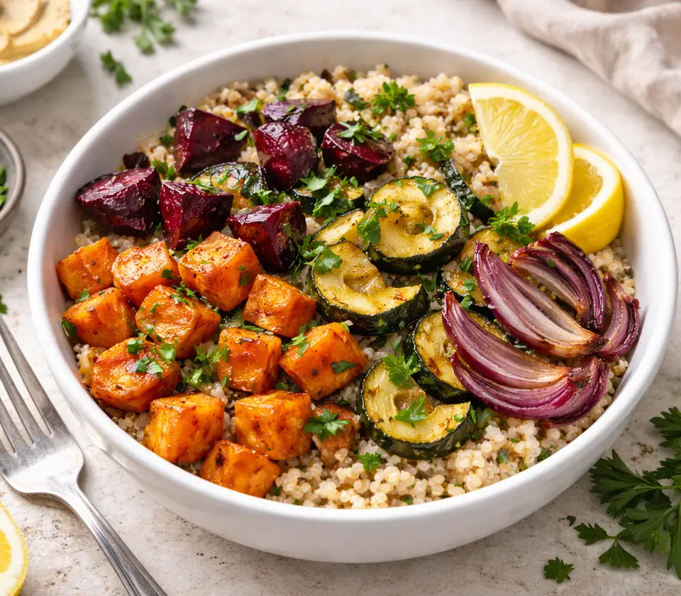 quinoa bowl topped with roasted vegetables
