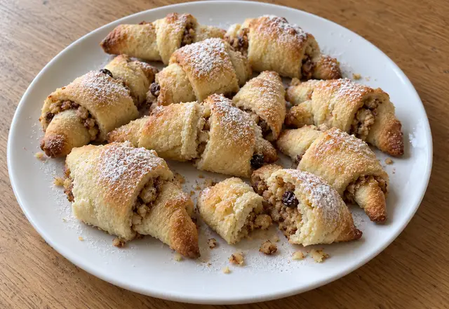 Hand-rolled walnut rugelach of varied shapes with golden edges and light powdered sugar, with a broken pastry and crumbs on a white plate