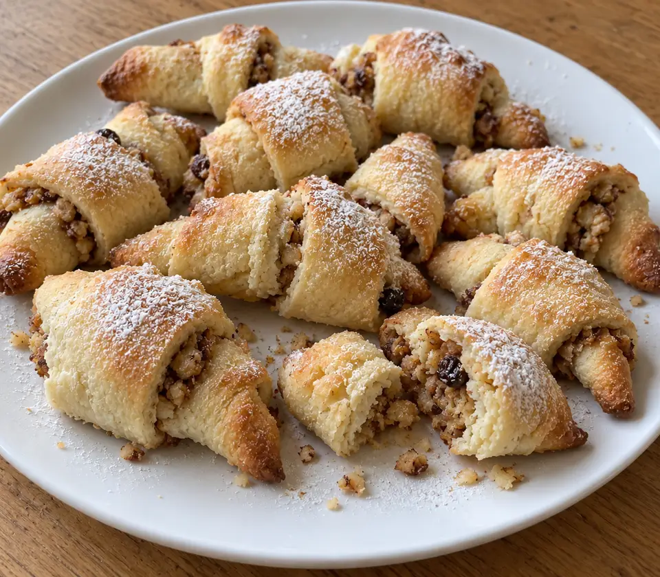 Hand-rolled walnut rugelach of varied shapes with golden edges and light powdered sugar, with a broken pastry and crumbs on a white plate