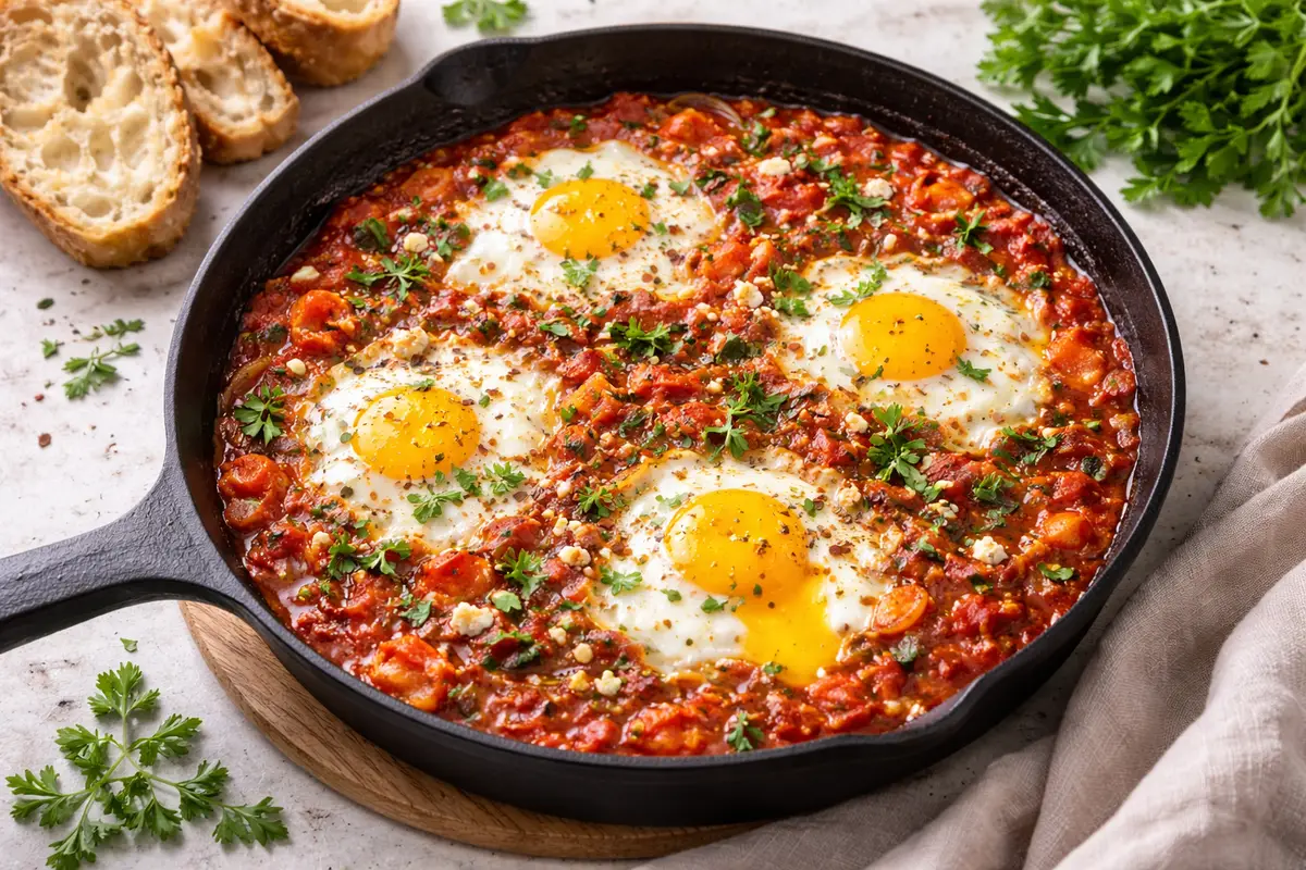 shakshuka with poached eggs in spiced tomato sauce