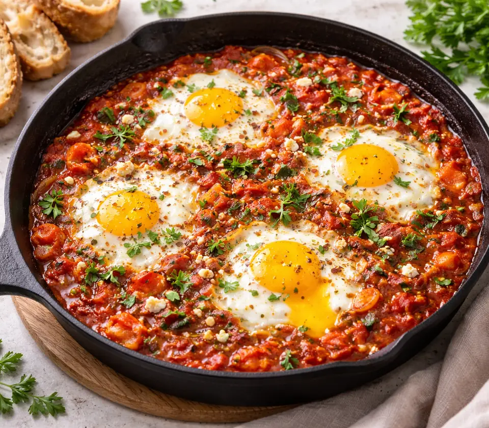 shakshuka with poached eggs in spiced tomato sauce
