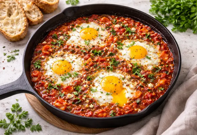 shakshuka with poached eggs in spiced tomato sauce