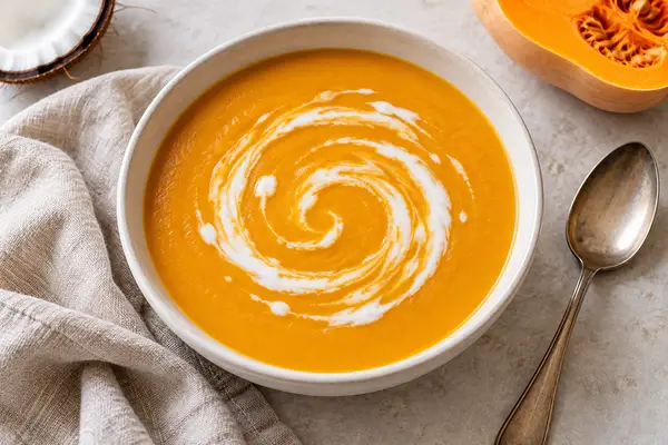Smooth orange butternut squash soup with a swirl of coconut milk in a white bowl