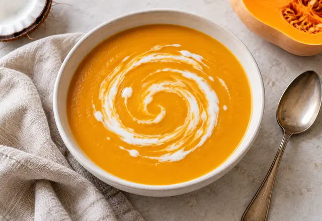 Smooth orange butternut squash soup with a swirl of coconut milk in a white bowl