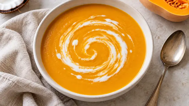 Smooth orange butternut squash soup with a swirl of coconut milk in a white bowl