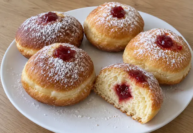 Hand-shaped sufganiyot with varied browning and uneven powdered sugar, topped with jam, with one cut open on a white plate