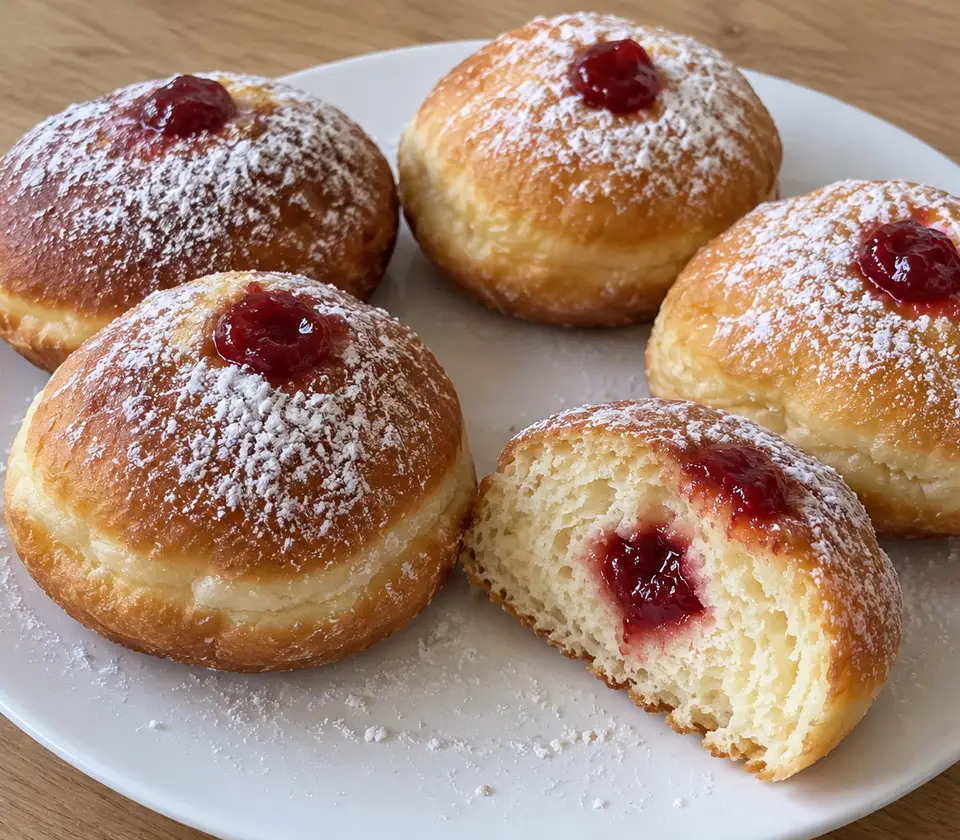 Hand-shaped sufganiyot with varied browning and uneven powdered sugar, topped with jam, with one cut open on a white plate